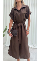 Sukienka Koszulowa Maxi Premium Wiązana w Pasie Elegancka Oversize Guziki Kieszenie - brąz